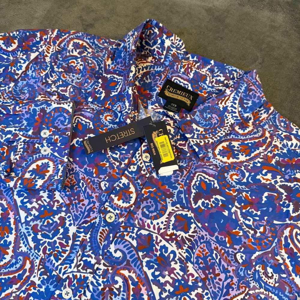 Cremieux Premium Denim Mens 3XB Paisley Button Up Shirt Blue Stretch Long Sleeve
